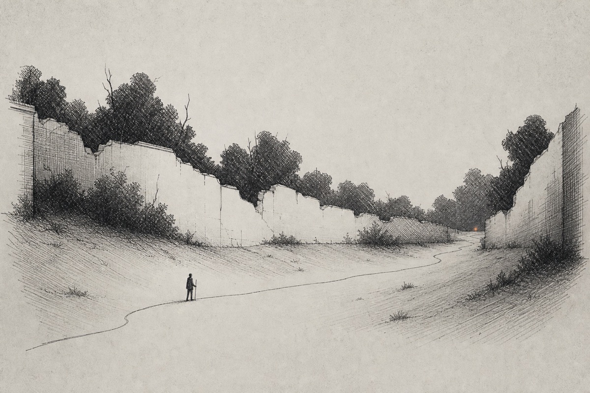 A solitary figure enclosed by a dense, hand-drawn landscape