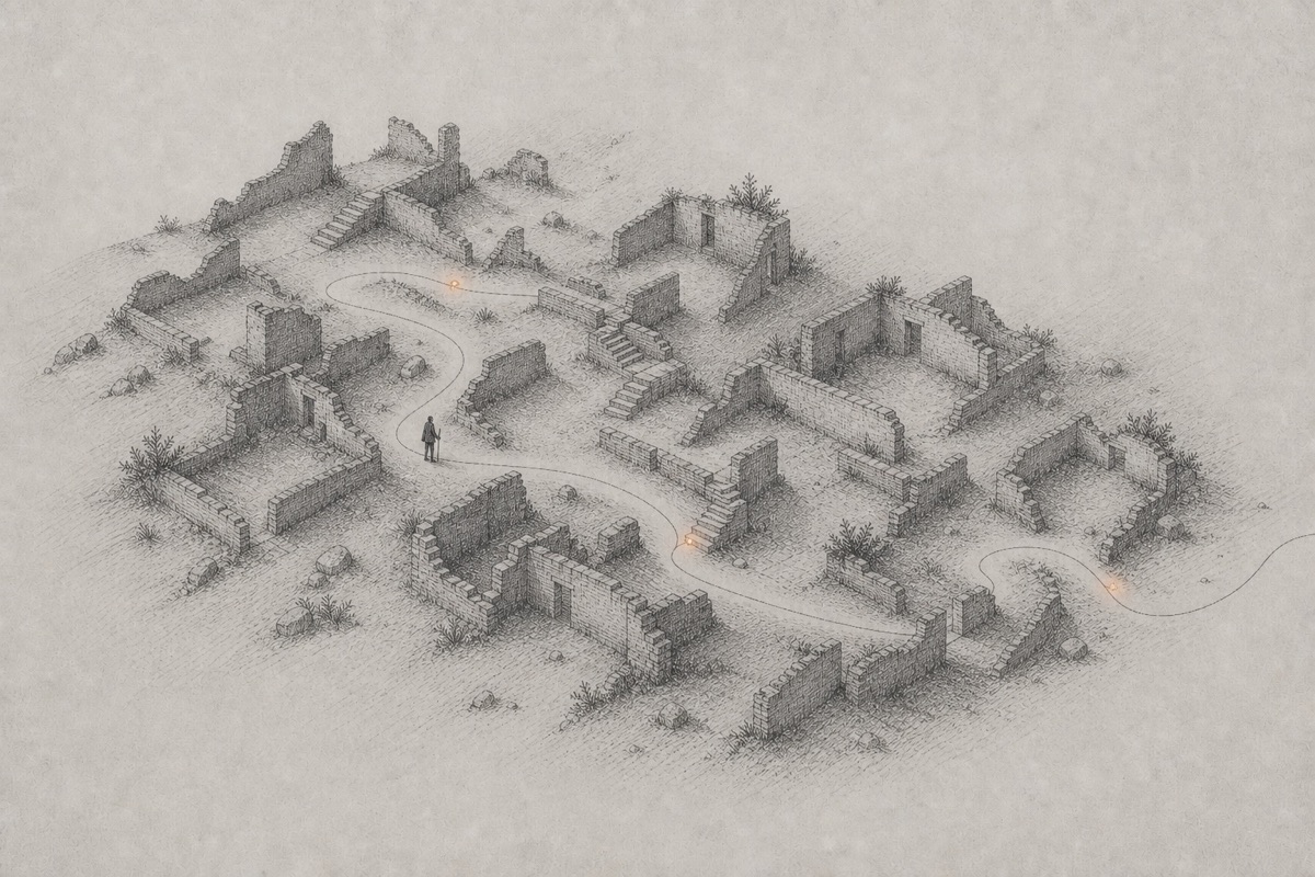 A solitary figure finding a way through hand-drawn ruins