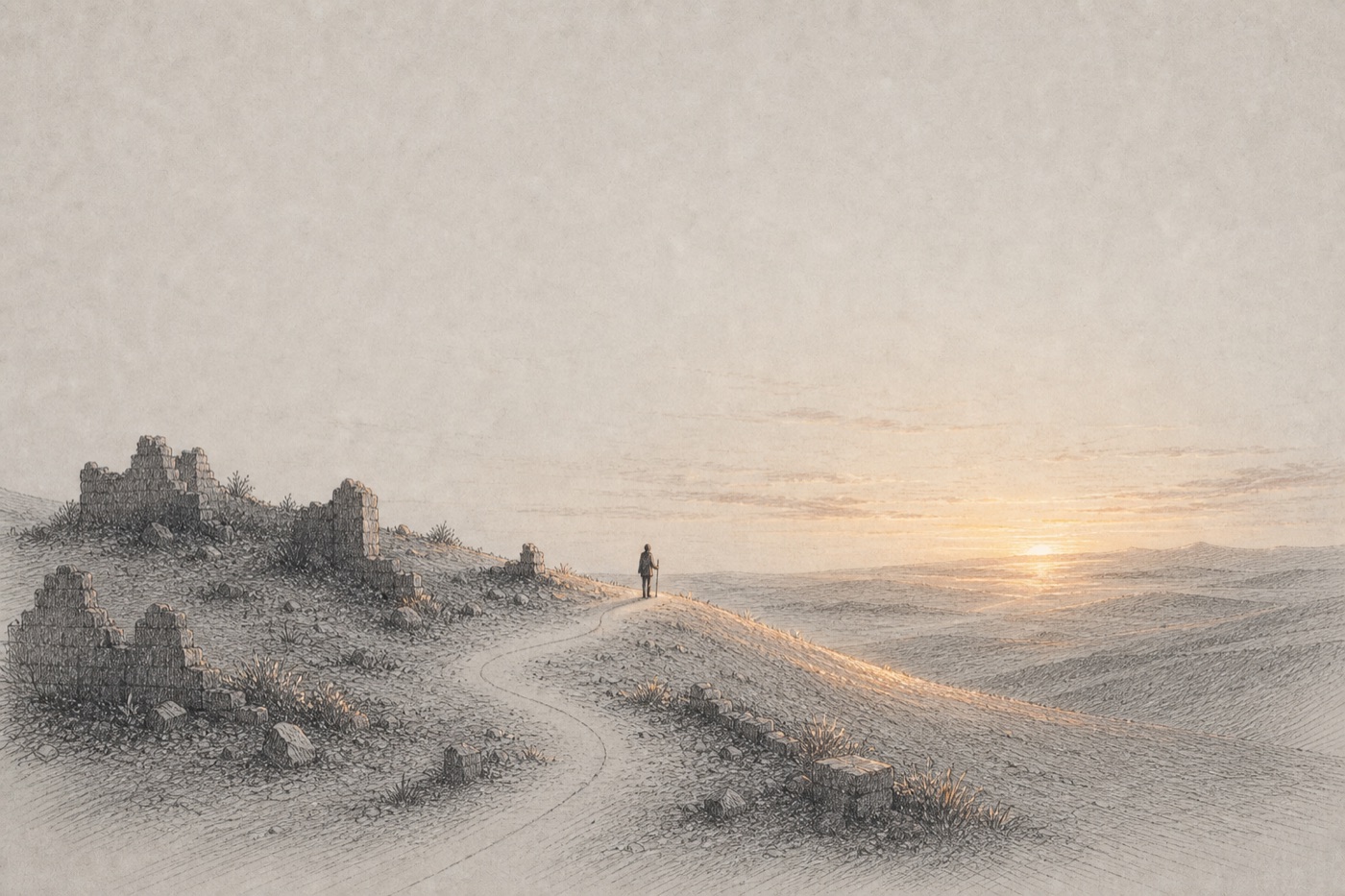 A solitary traveler following a path into the first warm light