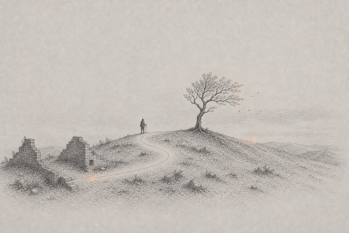 A figure emerging into a wider and lighter hand-drawn landscape