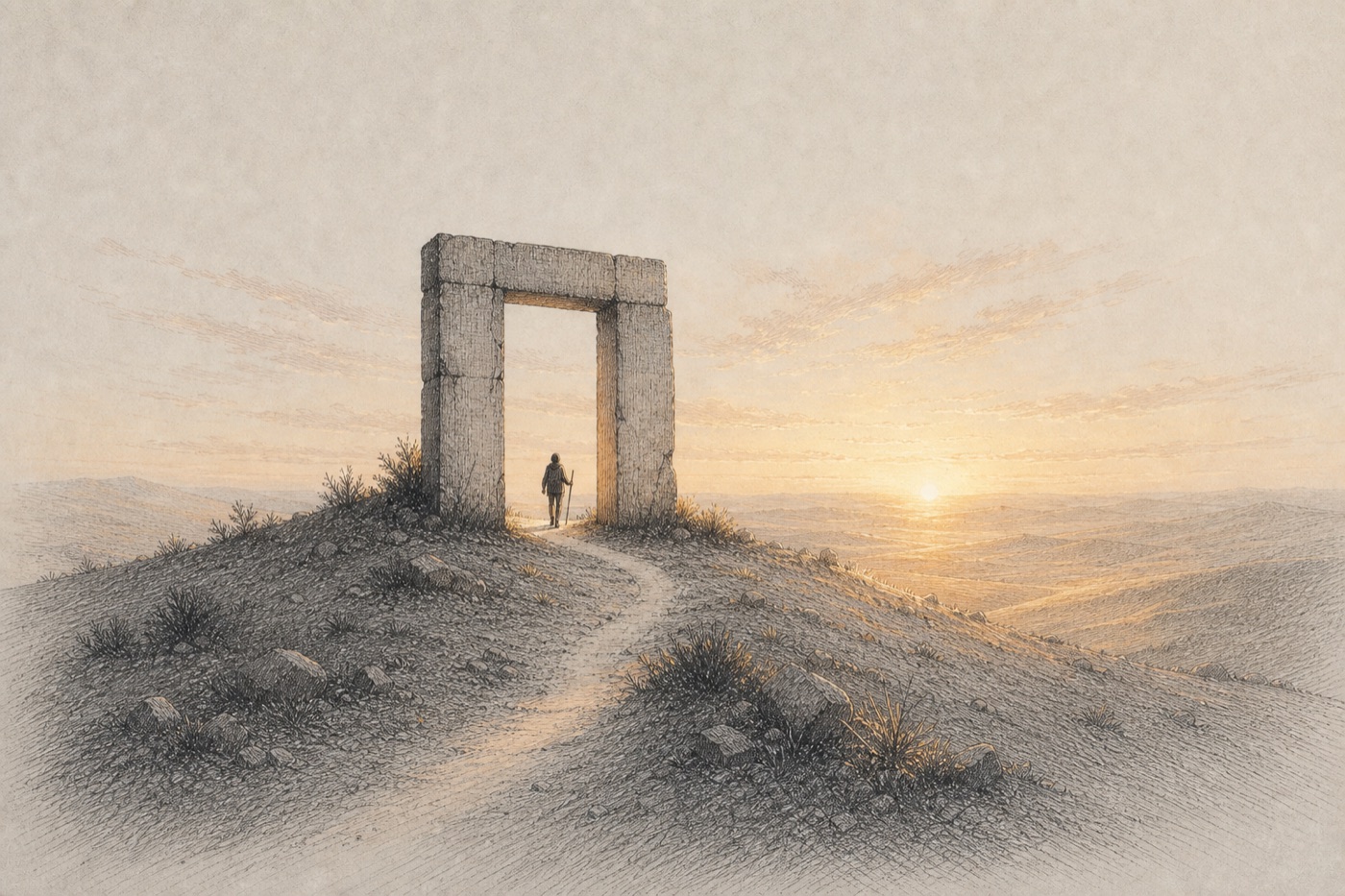 A solitary traveler crossing a stone threshold into morning light